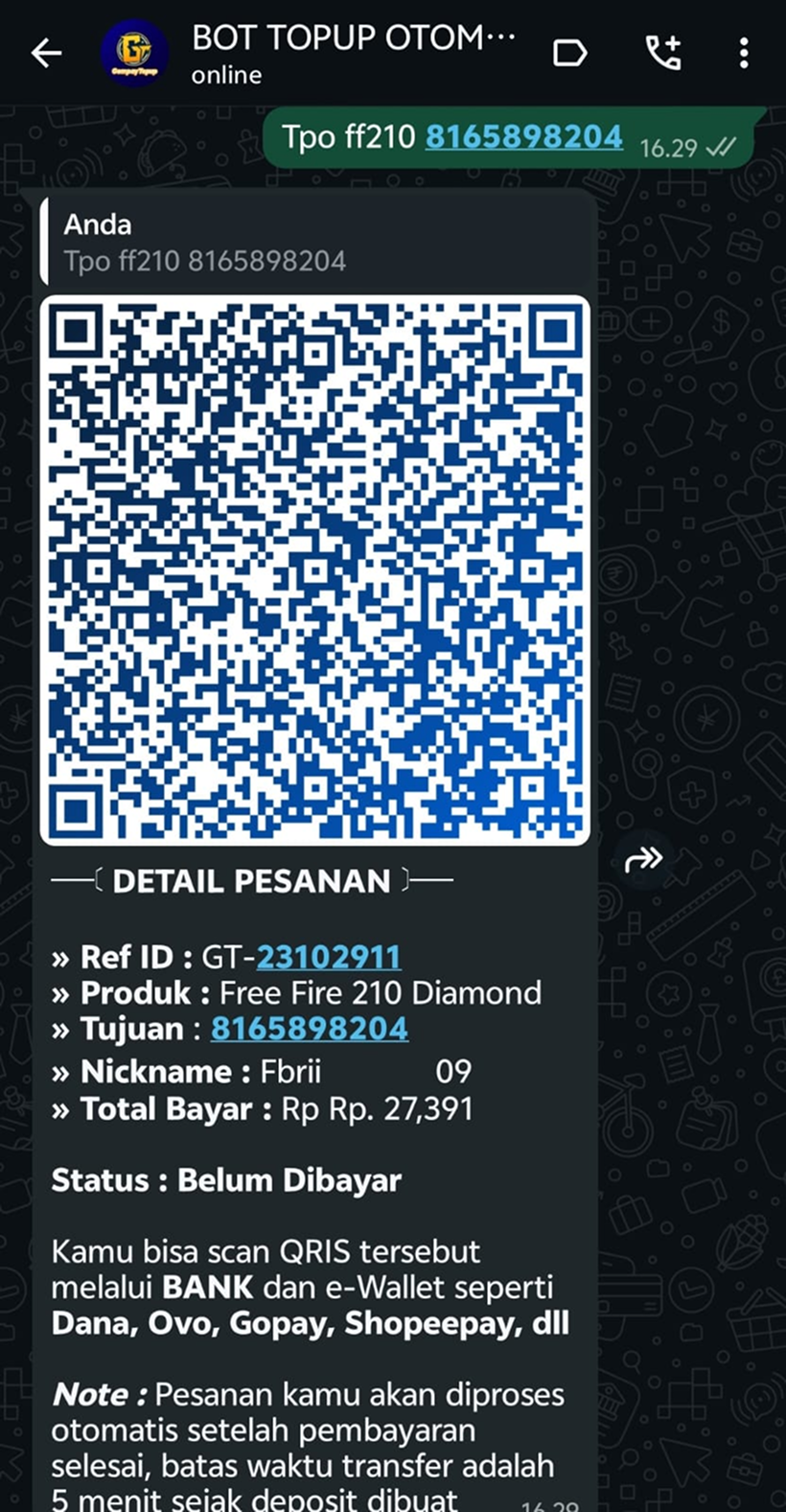 Fitur Order Dengan QRIS Otomatis bot topup WhatsApp